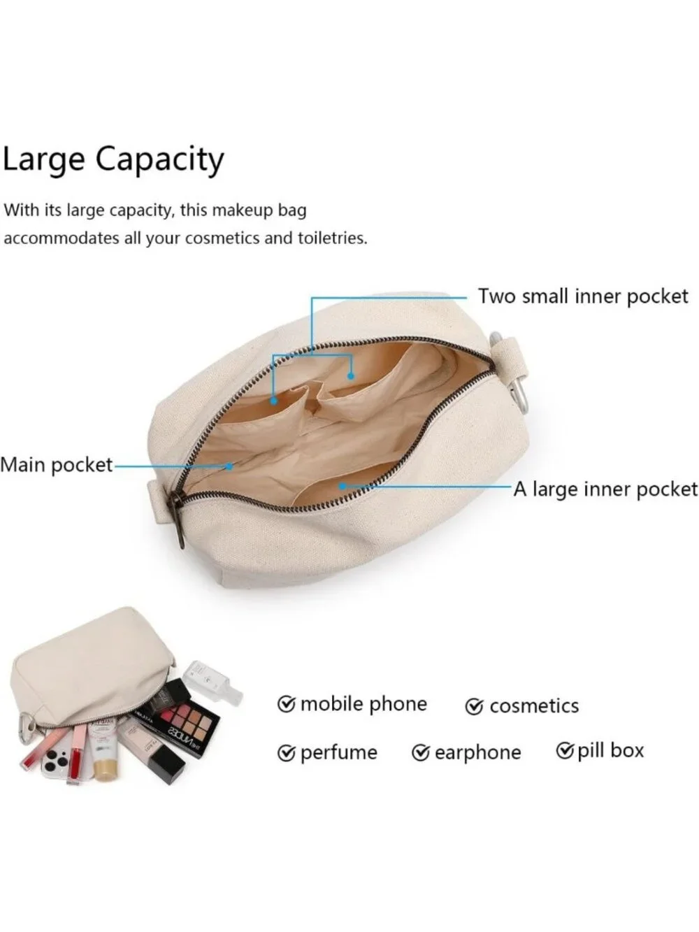 Stylish Travel Makeup Bag with Ring Clasp, Wristlet Organizer - Beige Cosmetic